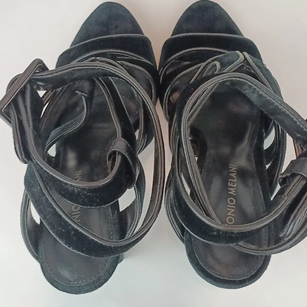 ANTONIO MELANI Aveet Women Black Strappy Velvet Open Toe Heels sx 8.5 M